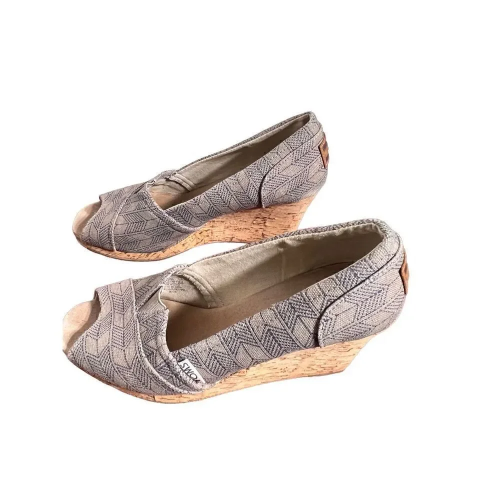 Toms Espadrille Peep Toe Grey Canvas Cork Wedge Size 8.5